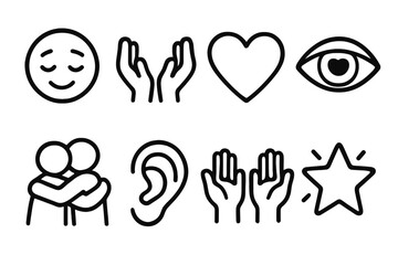 Obraz premium Emotional Care Icons. Emotional care icons in outline style: relief, open hands, heart, caring eyes, supportive hug, listening ear, raised hands,