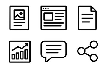 Web Publishing Icons. Web publishing icons in outline style: content icon, blog page, document sheet, chart, comment box, share arrow