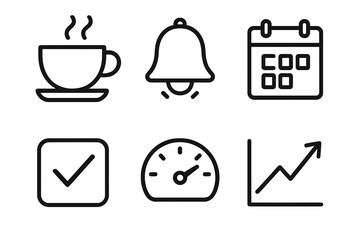 Essential Productivity Icons. Daily shortcuts icons in outline style: coffee cup, alarm bell, planner sheet, ticked box, speedometer, rising graph
