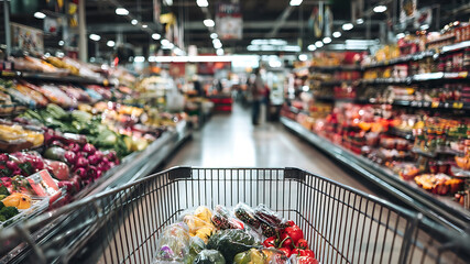 POV of a Shopping Cart Filled with Fresh Produce in a Supermarket Aisle