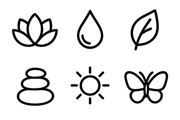 Nature Icon Set. Calm nature icons in outline style: lotus flower, water droplet, leaf, pebble stack, sun, butterfly