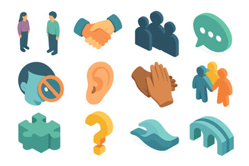 Social Shyness Isometric Icons. Social shyness set icons in modern isometric flat : two people apart, handshake hesitation, group silhouettes, speech