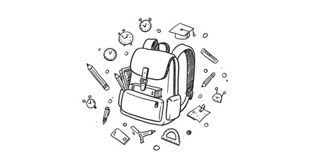 Doodle Backpack with School Supplies, Black and White Sketch Illustration