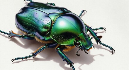 A captivating close-up of an iridescent green beetle, its metallic shell radiating with vibrant jewel tones and intricate patterns, captured with luminous artistic detail