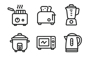 Kitchen Appliance Icons. Kitchen appliance icons in outline style: deep fryer, toaster, blender, rice cooker, microwave, kettle