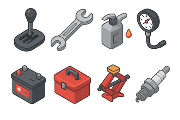 Isometric Mechanic Tools. Mechanic tools set icons in modern isometric flat : gear shift, wrench, oil can, tire gauge, battery, toolbox, jack, spark
