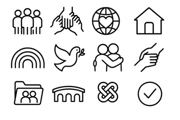 Community Unity Icons. Community growing together icons in outline style: group silhouettes, diversity hands, globe with heart, community house,