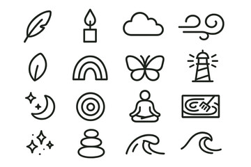 Gentle Reminders Icons. Gentle reminders icons in outline style: feather, candle flame, soft spark, cloud, breeze swirl, flower petal, rainbow,