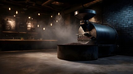 An atmospheric industrial cafe featuring a vintage coffee roaster hine steaming beans and warm ambient lighting