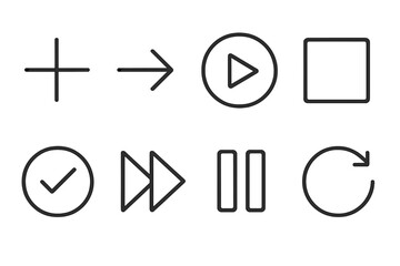 Minimalist Action Icons. Minimalist action visuals icons in outline style: plus symbol, arrow right, play button, step square, tick circle, forward