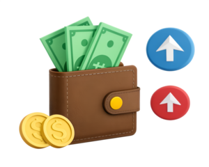 Brown leather wallet with green banknotes and gold coins plus up arrows money cash