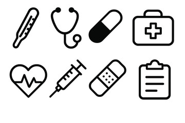 Medical Icons Outline. Medical care icons in outline style: thermometer, stethoscope, pill capsule, first aid kit, heart beat, syringe, bandage,