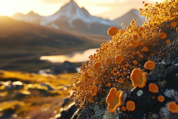 Orange lichen thrives on a dark rock, bathed in golden sunset light, with mountains in the background.