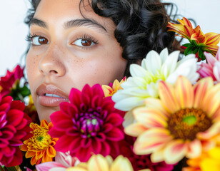 Naklejka premium Stunning woman with natural freckles peeking through vibrant, colorful flowers, embodying beauty, nature, and feminine grace in a soft light portrait.