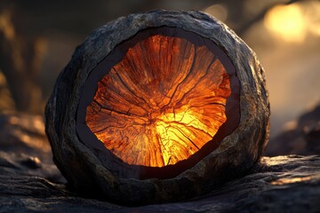 A glowing, amber-hued cross-section of wood encased within a dark, rough stone sphere.