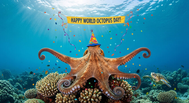 A festive octopus wearing a party hat celebrates World Octopus Day 