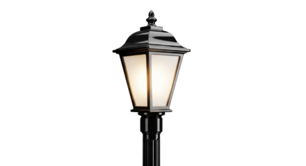 Elegant Black Outdoor Lamp Post with Glowing Light.