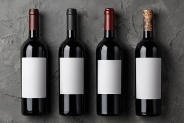 Four wine bottles with blank labels on a gray stone surface
