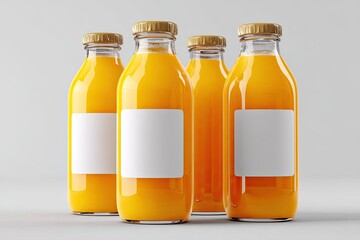 Four glass bottles of orange juice