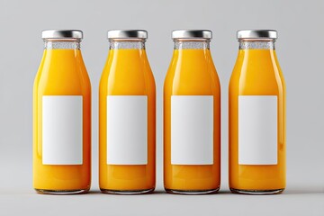 Four clear glass bottles of orange juice with blank labels
