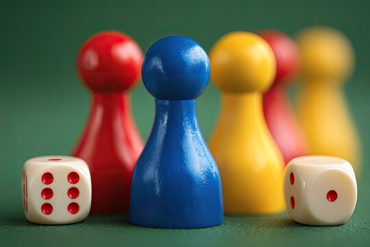 Colorful game pieces and dice on a green surface (3)