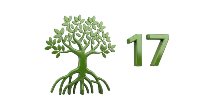 Stylized Green Tree with Exposed Roots and Number Seventeen.