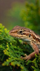 Obraz premium Close-up of a lizard with intricate patterns on its skin, resting amidst a vibrant green backdrop of juniper foliage.