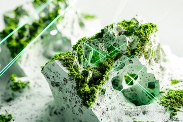 A porous, light-grey stone structure covered in vibrant green moss, intersected by glowing green lines.