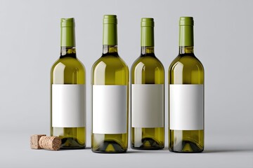 Four wine bottles with blank labels on a gray background