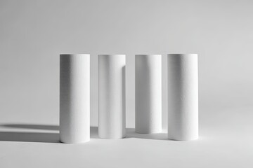 Four cylindrical white forms against a plain white background