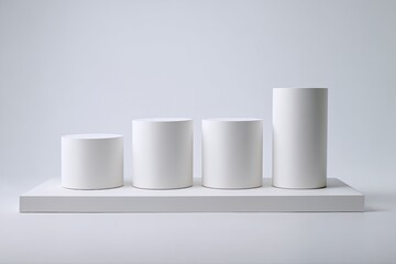 Four white cylindrical podiums on a platform