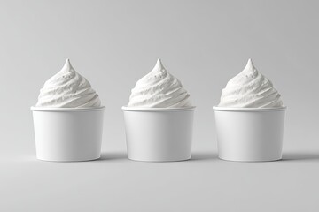 Three identical white cups of frozen yogurt