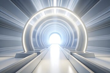 Fototapeta premium Futuristic glowing portal gateway with bright light at the end of a modern sci fi corridor