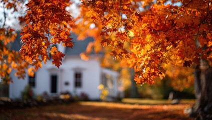 Autumnal scene of vibrant foliage and a quaint house