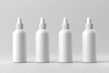 Four identical white spray bottles arranged in a row on a light gray background