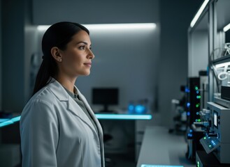 hopeful hispanic female scientist in modern laboratory with futuristic equipment. researcher in white coat working on medical innovation. healthcare technology and scientific discovery.