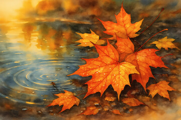 Autumn-themed commercial illustration of "fall leaves in puddles" for seasonal decor