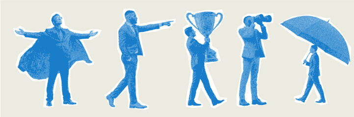 Trendy halftone business people stickers. Business workers in different poses