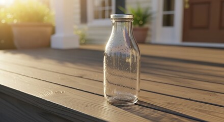 Sun-Kissed Empty Glass Milk Bottle on Rustic Wooden Deck, Golden Hour Glow.