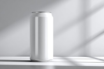 Blank white aluminum can on a white surface