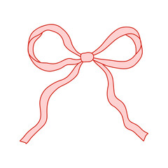 Whimsical coquette pink bow ribbon with red outline. Cute and elegant design element for Valentines Day, packaging, greeting cards, scrapbooking, feminine branding, and decorations. Vector art