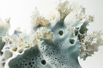 Abstract image of a porous, textured, organic-like structure in shades of grey and beige.