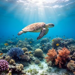 Obraz premium Majestic Sea Turtle Over Colorful Coral Garden