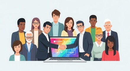 Diverse group of professionals gathered around a laptop, two men shaking hands, symbolizing collaboration and partnership in business