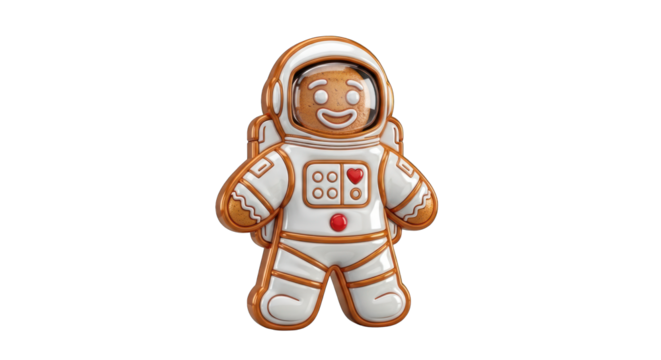 Gingerbread Astronaut Cookie with White and Gold Icing.