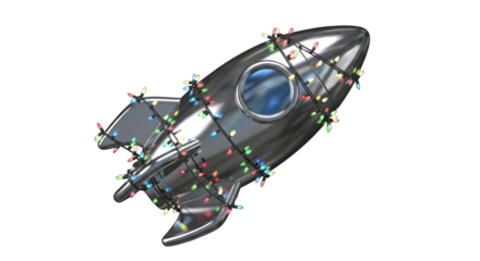 Festive Metallic Rocket Ship Adorned with Colorful String Lights.