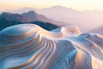 Abstract landscape of swirling, layered wood grain against a hazy mountain backdrop at sunrise.