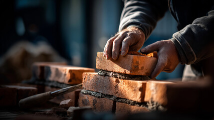 A worker lays bricks at a construction site hyper realistic brick textures with clear details moody shadows on the wall bright saturation in masonry tools bricklaying