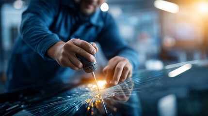 A technician repairs a windshield chip hyper realistic glass cracks with clear details moody shadows on the vehicle bright saturation in repair tools windshield repair auto