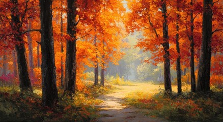 Obraz premium Autumn forest path bathed in sunlight (2)